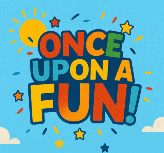 Logo of Once Upon A Fun, the words Once Upon A fun in multicolor on a blue sky background