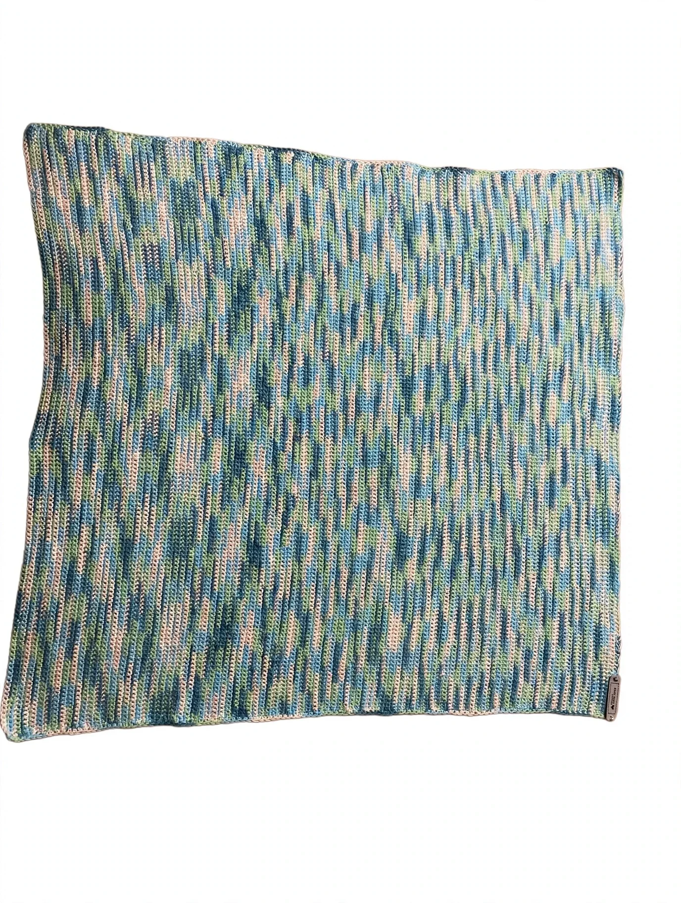 Håndhæklet baby- og puttetæppe 72x72 cm - Blå / Grøn / Natur - 100% blød baby bomuld