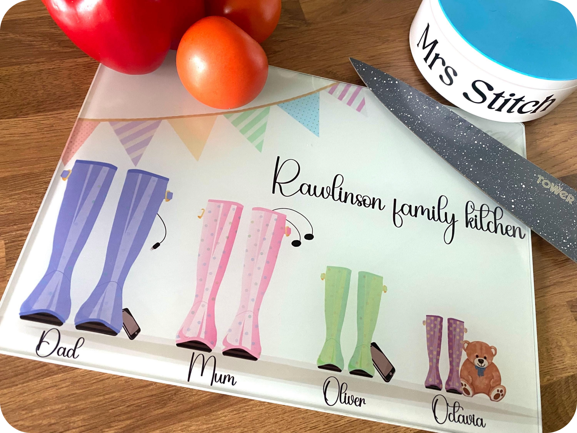 Personalised Family Wellington Boot Tempered Glass Cutting Board- Worktop saver