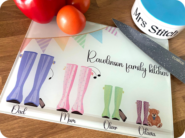 Personalised Family Wellington Boot Tempered Glass Cutting Board- Worktop saver