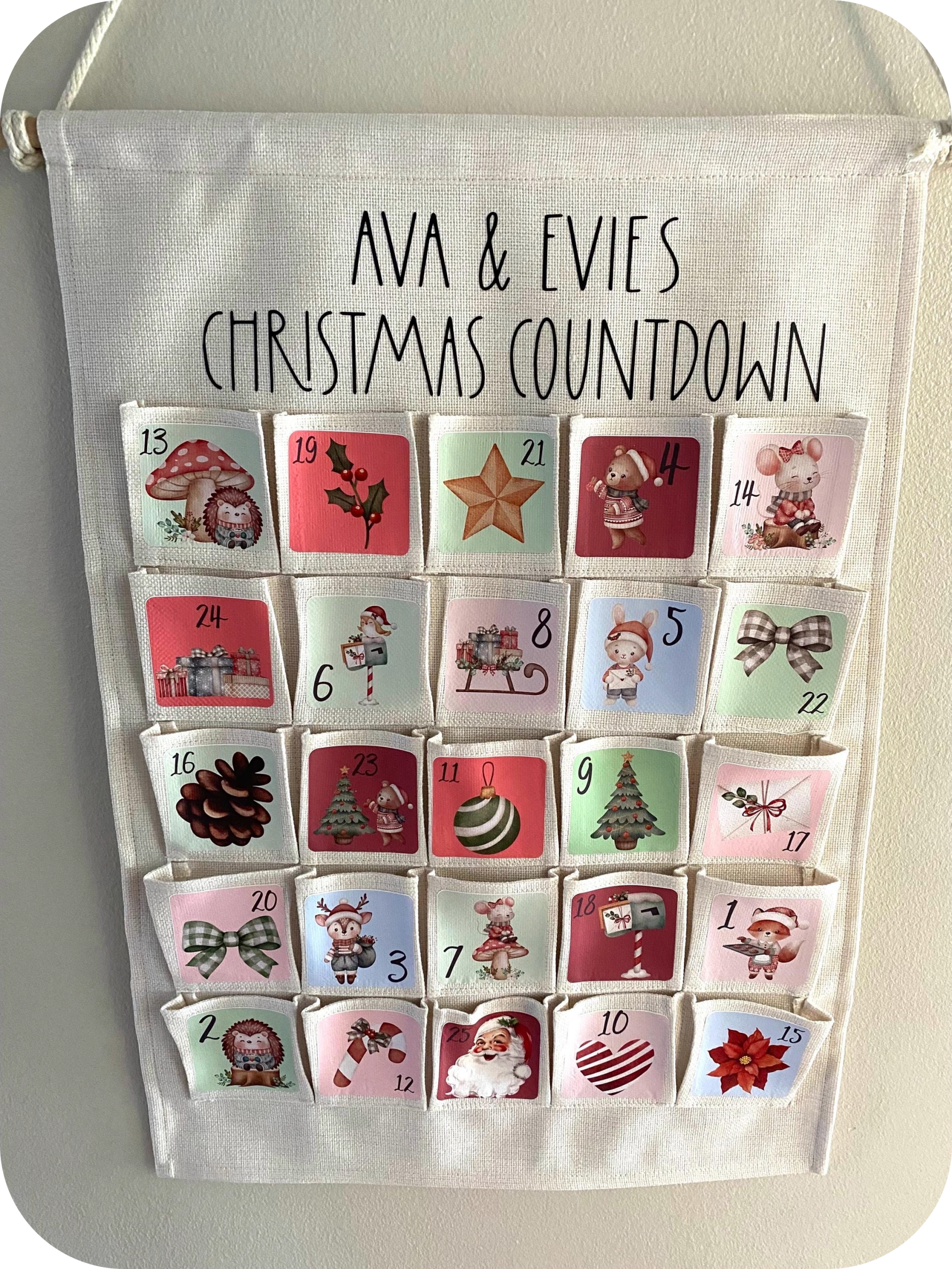 personalised woodland creatures hanging advent calendar