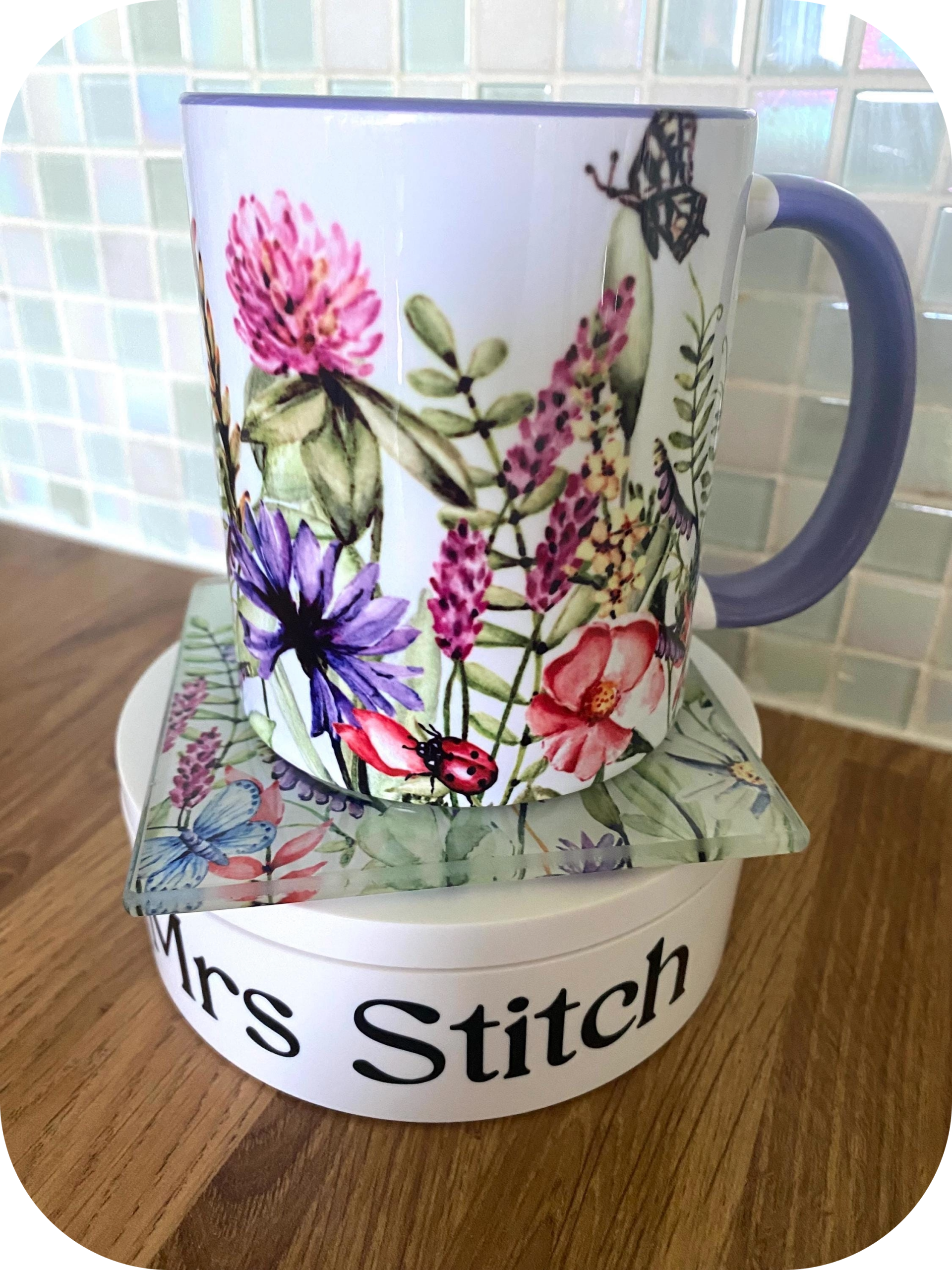 Personalised Wildflower Tempered Glass Cutting Board – Kitchen Worktop Saver, Mug and coaster set