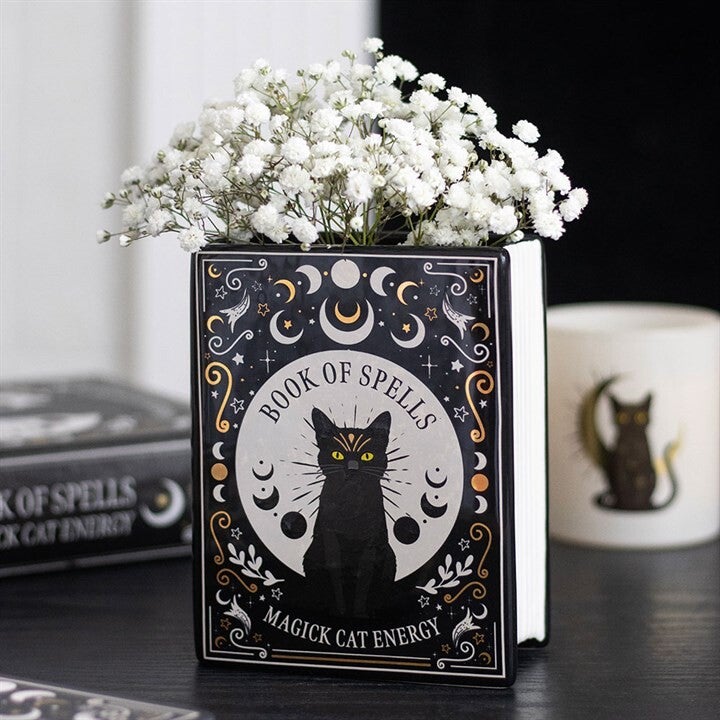 Black cat magic book shaped vase