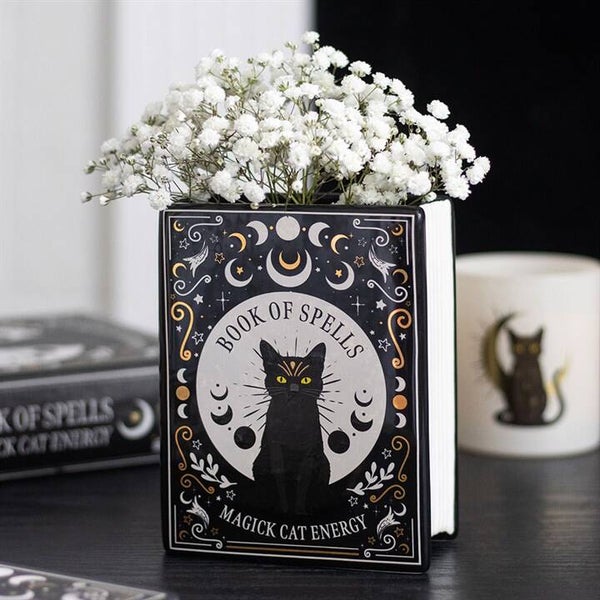 Black cat magic book shaped vase