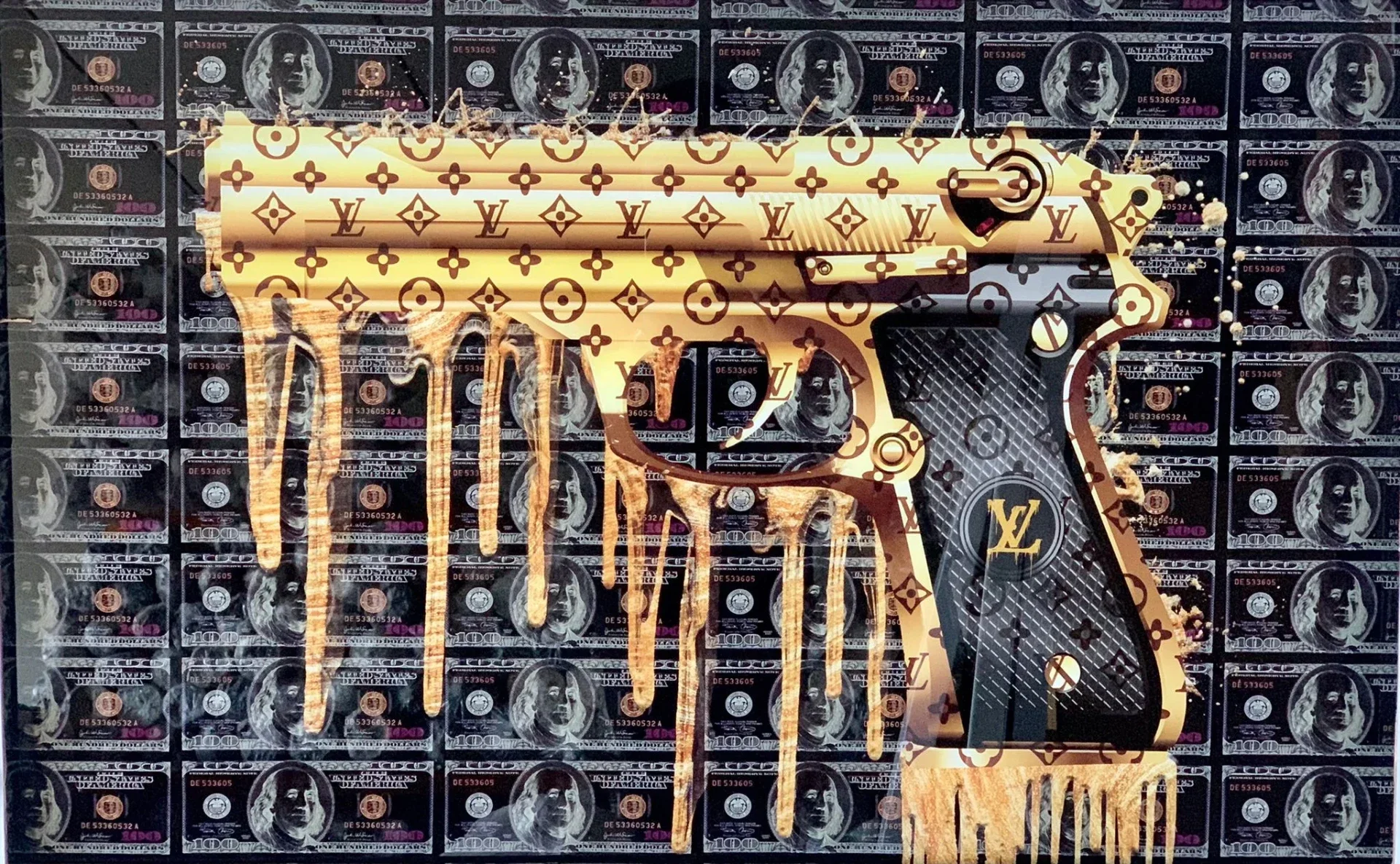Glasschilderij Gold Gun Louis Vuitton 60x80cm