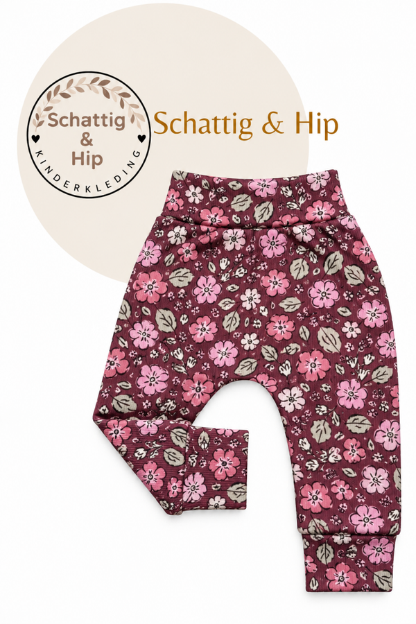 Broekje rib herfstbloemen bordeaux