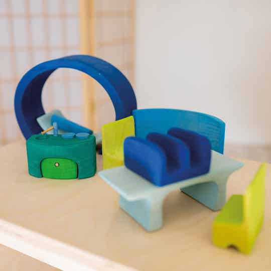 GRIMM'S | Houten poppenhuis  / bouwhuis om mee te nemen - Blauw