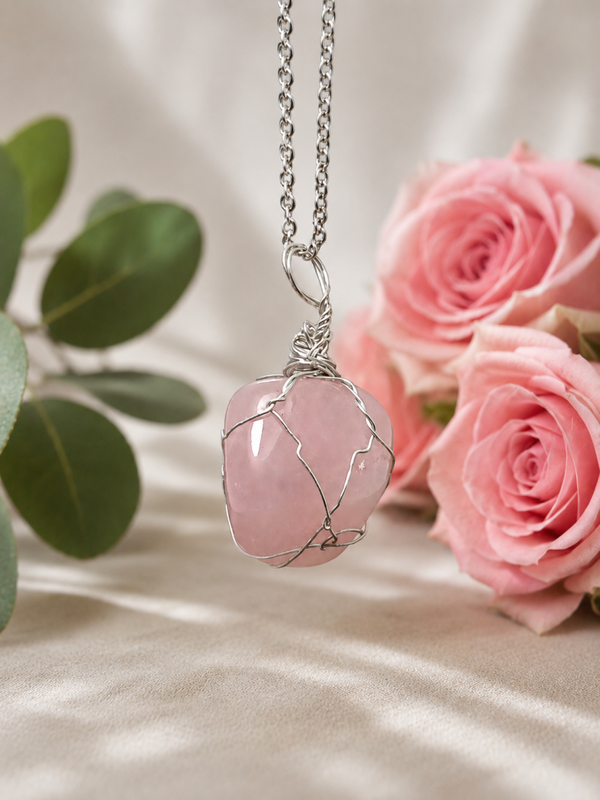 Quarzo rosa ciondolo con catenina in acciaio