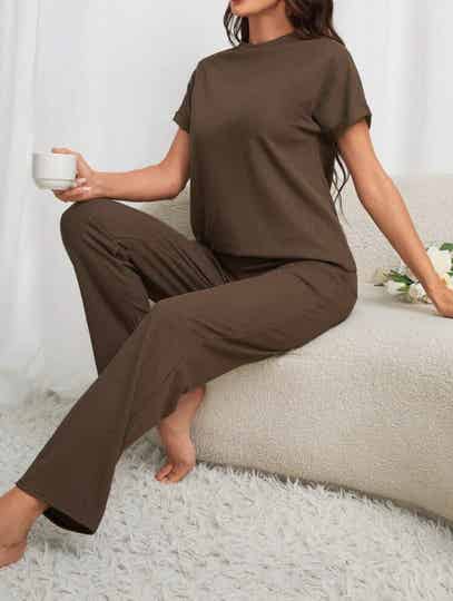 Solid batwing Sleeve Tee&Pants Lounge set Outfit
