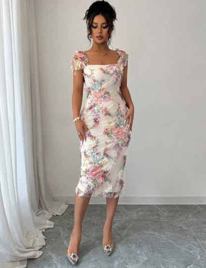 Elenzga Women's Elegant Romantic Mesh Printed Ruched Waist Mid-Length Dress, Suitable For Wedding Season, Parties, Dates, Casual Outings And More