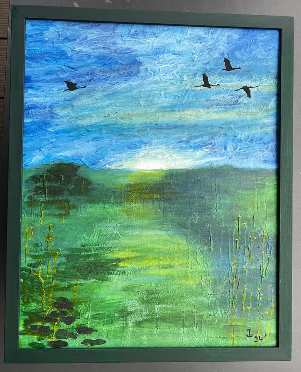 Landschaftsbild mit Kranichen