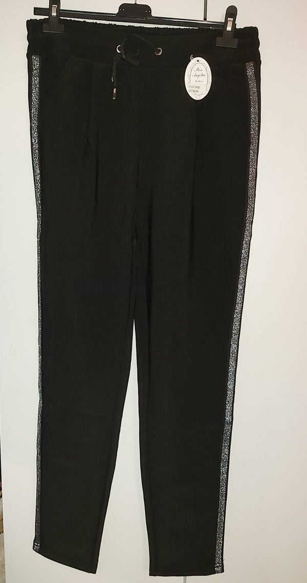 Comfortbroek zwart met zilverenbies met touwtjes