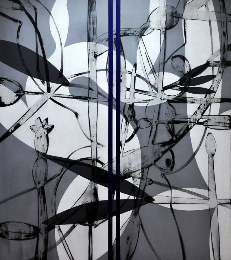 Das Sternestreuen weitläufig treiben  2016, Acryl, Tusche und Leim auf Leinwand, 160 x 140 cm