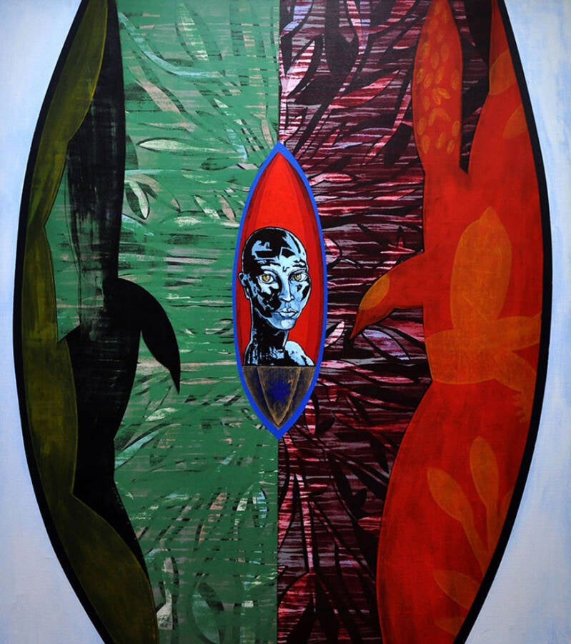 Wer auf die Sonnenzunge trägt 2016, Acryl, Tusche und Leim auf Leinwand, 160 x 140 cm