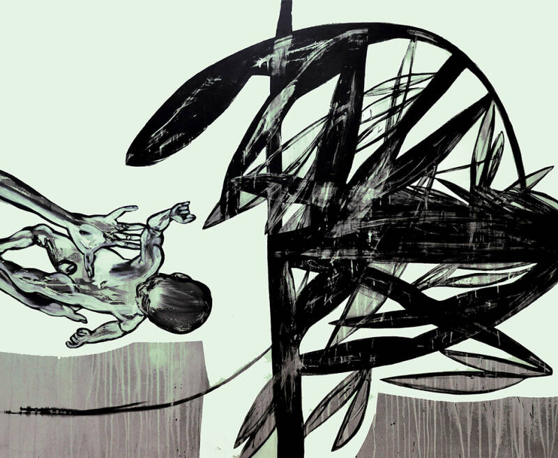 Grünlichen Schlafes voll  2016, Acryl, Tusche und Leim auf Leinwand, 165 x 200 cm