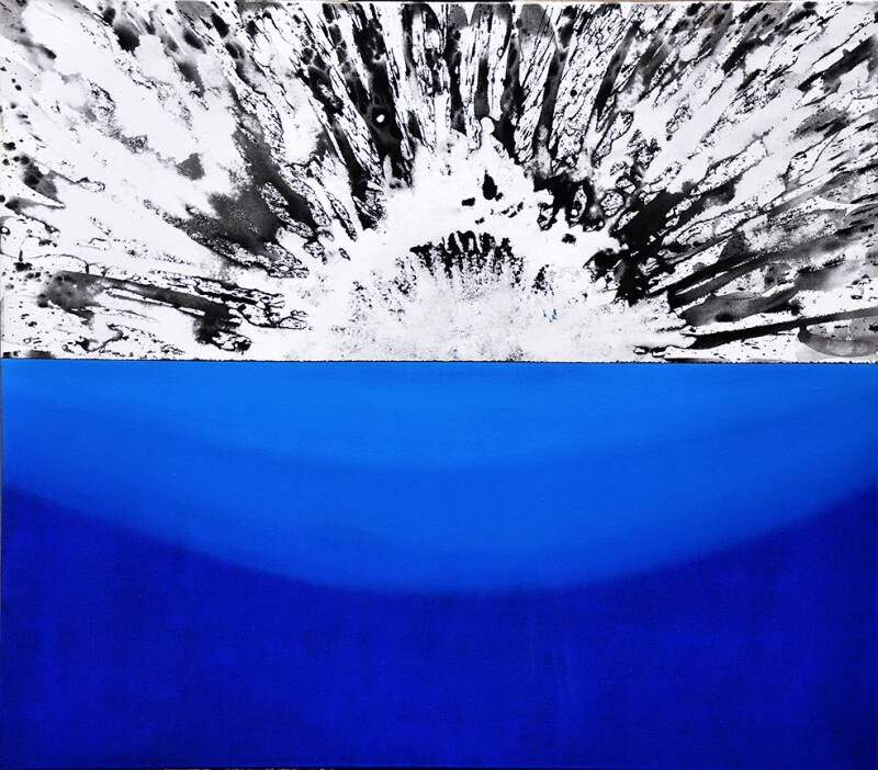Es gibt keine Welt hinter der betrunkenen Welt 2025, Acryl, Tusche und Leim auf Leinwand, 140 x 160 cm