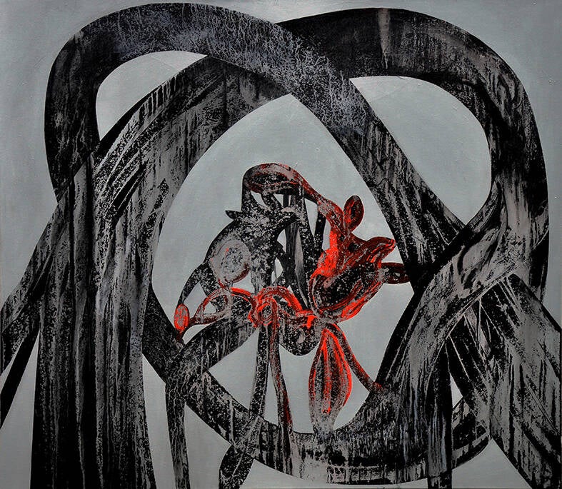 Seitliche, fingertiefe Lichtnarben 2026, 160x140 cm, Acryl auf Leinwand