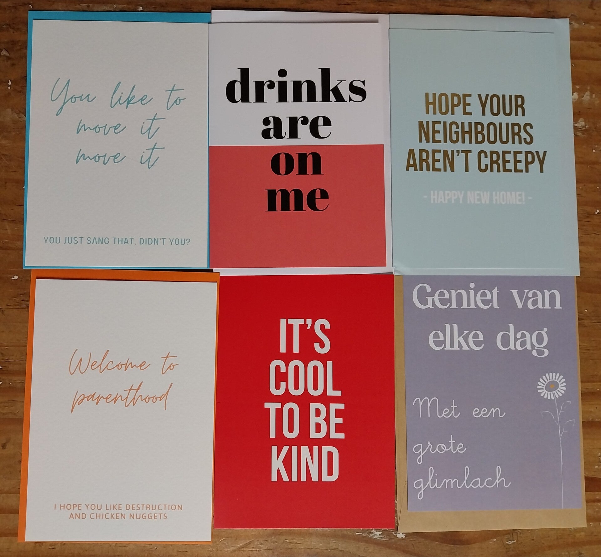 Set van 6 grappige en leuke kaarten