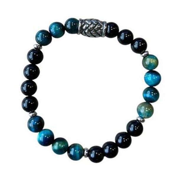 Natuurstenen zwarte Obsidiaan en blauwe Tijgeroog met vlecht kraal