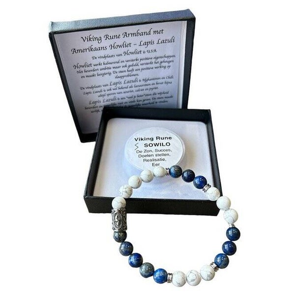 Heren armband 8 mm Amerikaans Howliet en Lapis Lazuli met Viking kraal