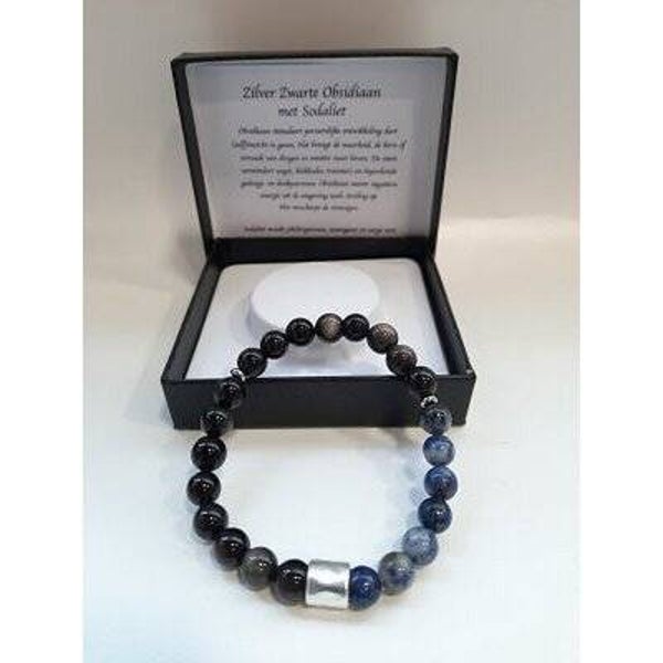 Heren armband van natuursteen Obsidiaan en Sodaliet met mat zilverkleur kraal.