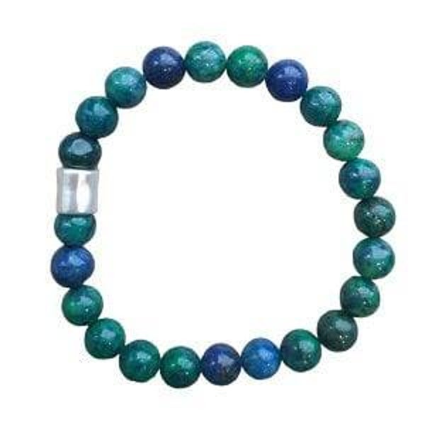 Heren armband van natuursteen Azuriet Malachiet met matzilverkleur kraal