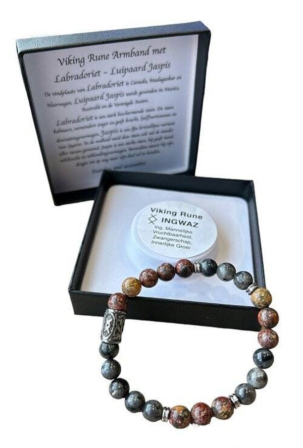 Heren armband Ingwaz, van natuursteen Labradoriet en Luipaard Jaspis met Viking kraal.