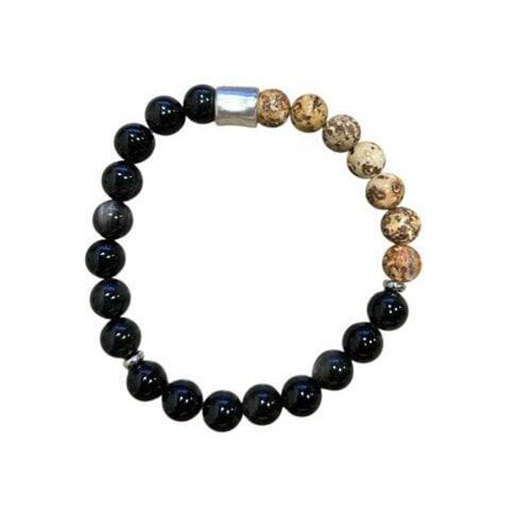 Natuurstenen armband met Zilver zwarte Obsidiaan met Boomschors Agaat en mat zilverkleur kraal.
