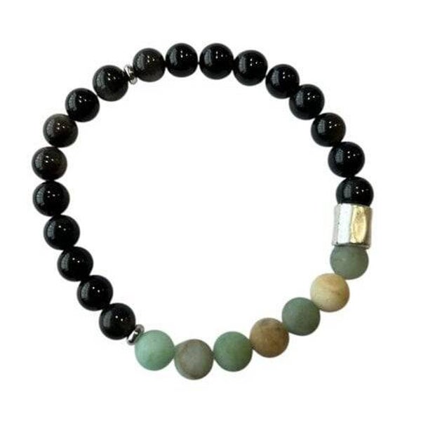 Heren armband van natuursteen zwarte Obsidiaan en Amazoniet met mat zilverkleur kraal