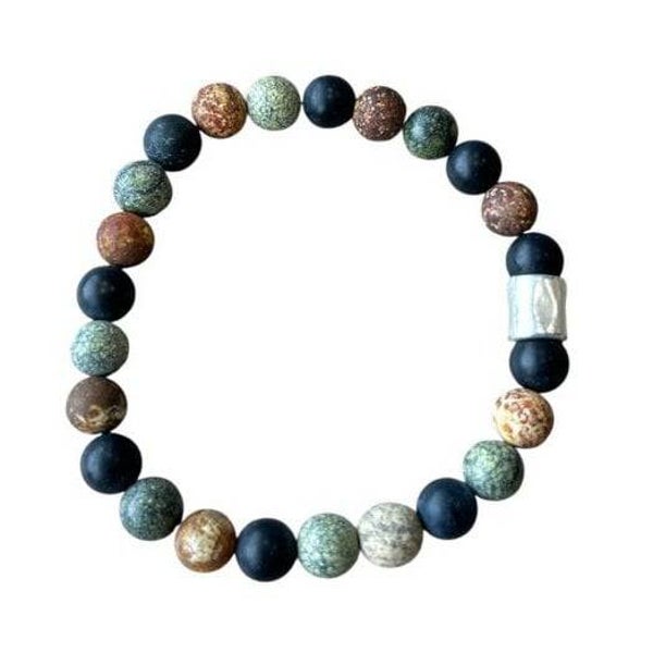Natuurstenen heren armband Onyx met gele Jaspis met Zoïsiet en mat zilveren kraal