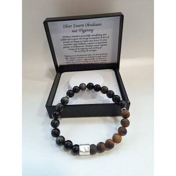 Herenarmband natuurstenen zilver zwarte Obsidiaan met Tijgeroog