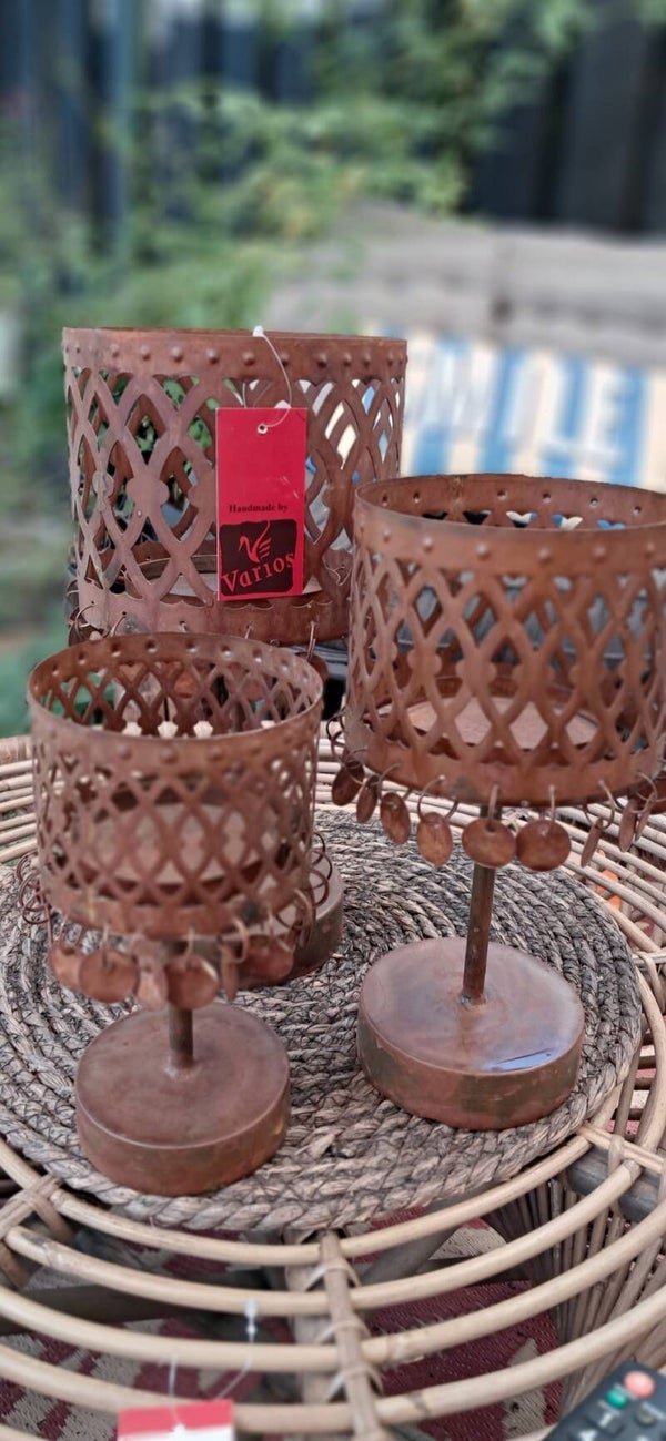 Set of 3 waxineholder rusty on stand