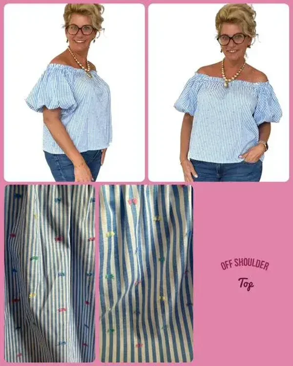 Off shoulder streep top met pofmouwen