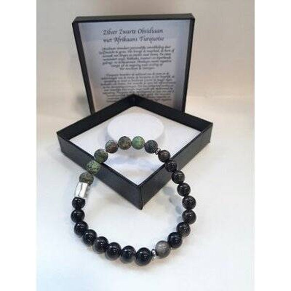 Natuurstenen heren armband, Zilver Zwarte Obsidiaan & Afrikaans Turquoise