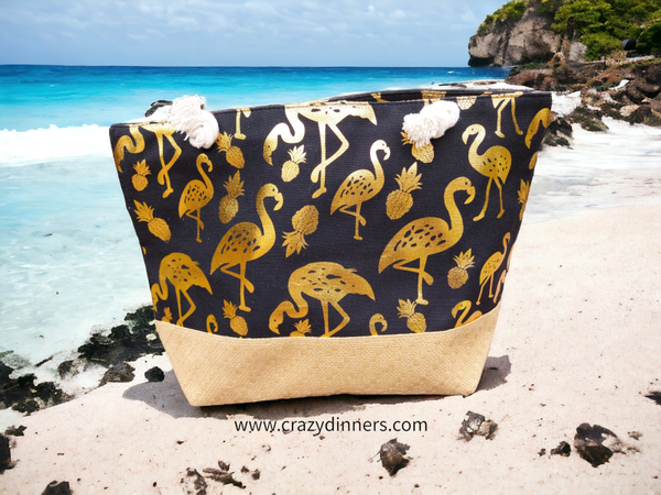 Strandtas flamingo goud