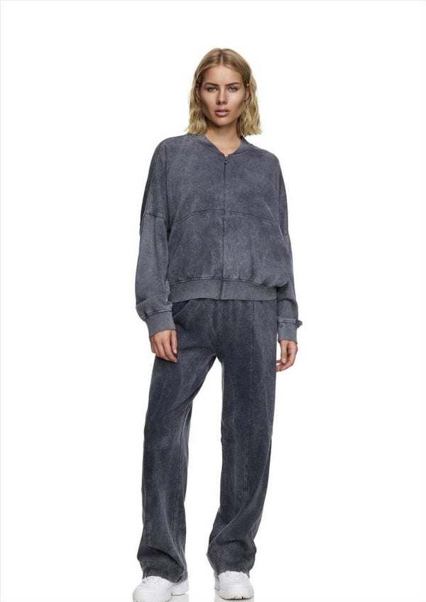 Grey Acid Washed Bomber & Wide Leg Jogger Set