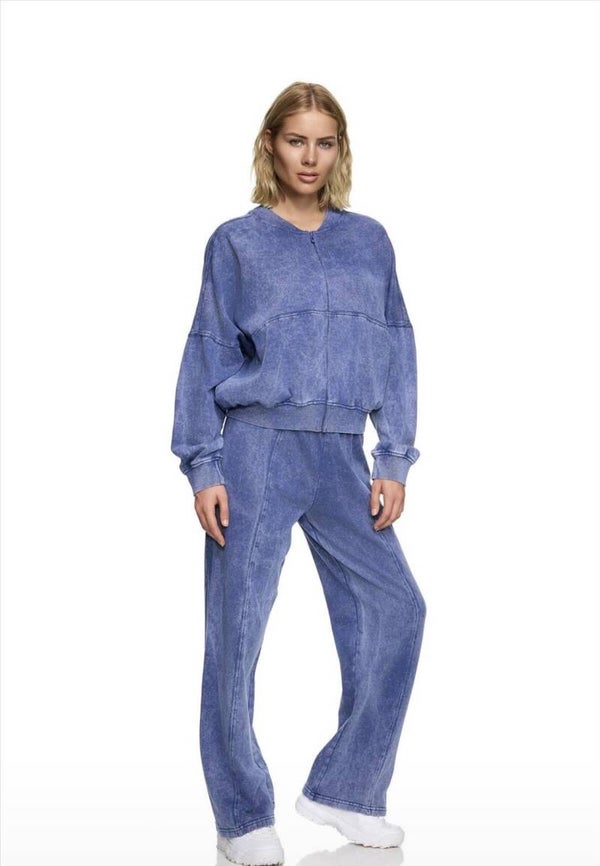 Blue Acid Washed Bomber & Wide Leg Jogger Set