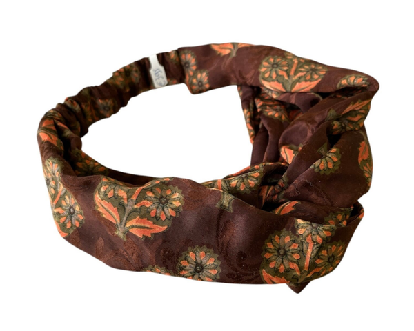 Zijde Haarband bruin/oranje met elastiek