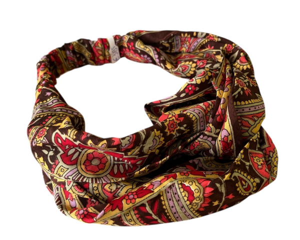 Zijde Haarband bruin/rood met elastiek