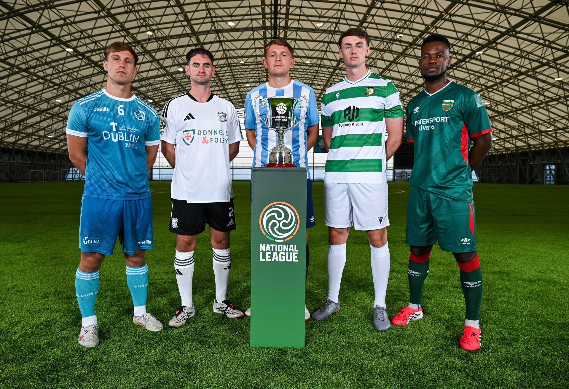 FAI Official Launch event on the 25th Aug 2026 - Gareth Doherty(2nd from the left) from Lettereknny Rovers pictured players from each of the other 4 teams in group 2. TU Dublin, salthill Devon, St. Francis and Mayo FC