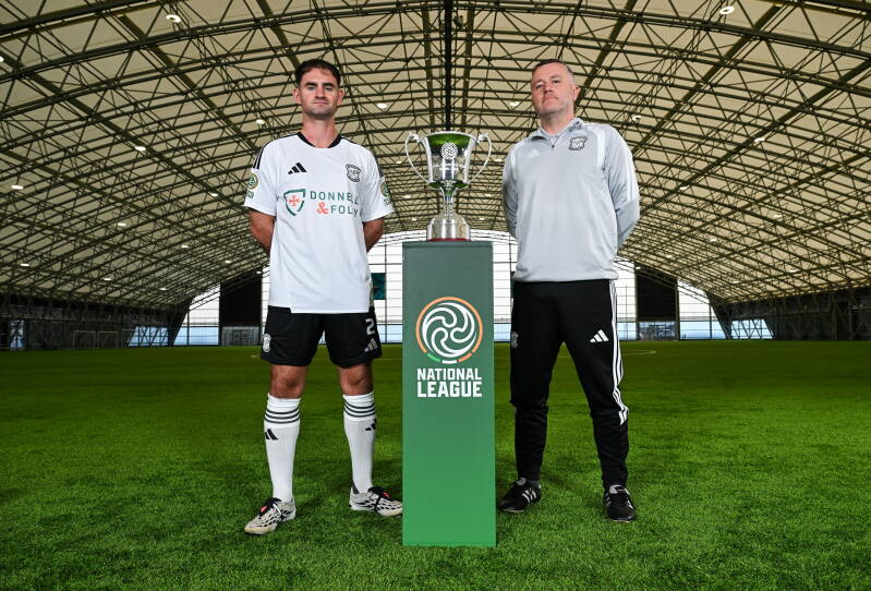 FAI Official Launch event on the 25th Aug 2026 - Gareth Doherty and Stephen McConnell from Lettereknny Rovers pictured alongside the new FAI National League Trophy