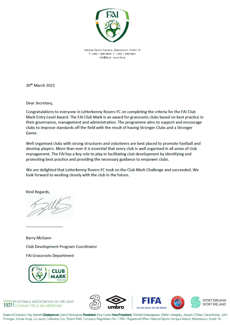 Letter from the FAI informing Letterkenny Rovers of thier achievment of getting the FAI Clubmark Entry level Award in March 2021