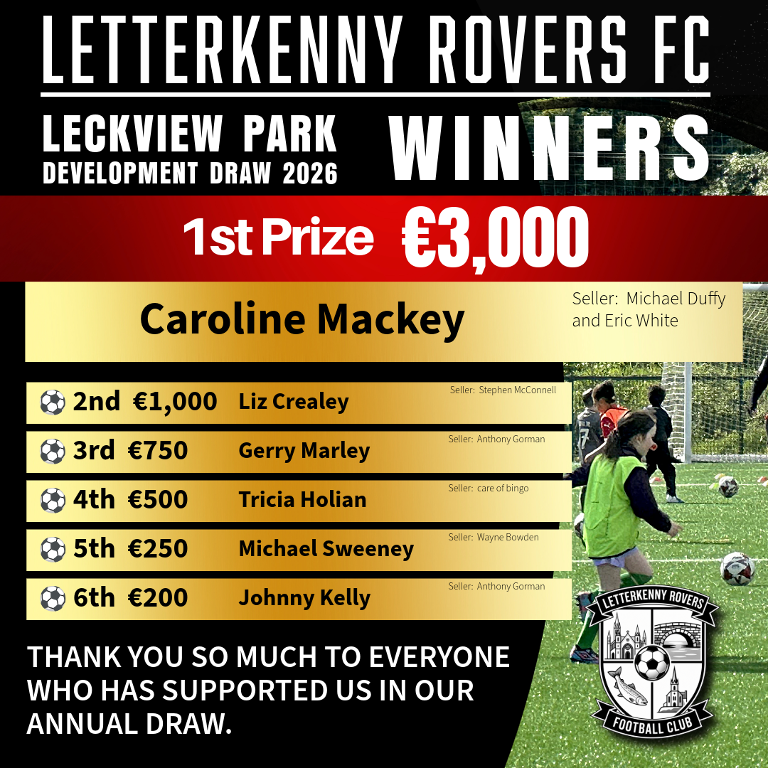 Image of the winners names of the 2026 Annual Development Draw for Letterkenny Rovers FC that took place 29th October 2026