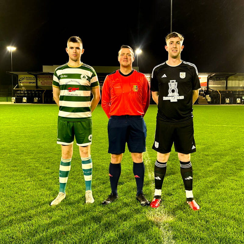 Referee Liam McLaughlin pictured with Jay Curran and Dean McCarry prior to the match between Letterkenny Rovers and Rathmullan Celtic