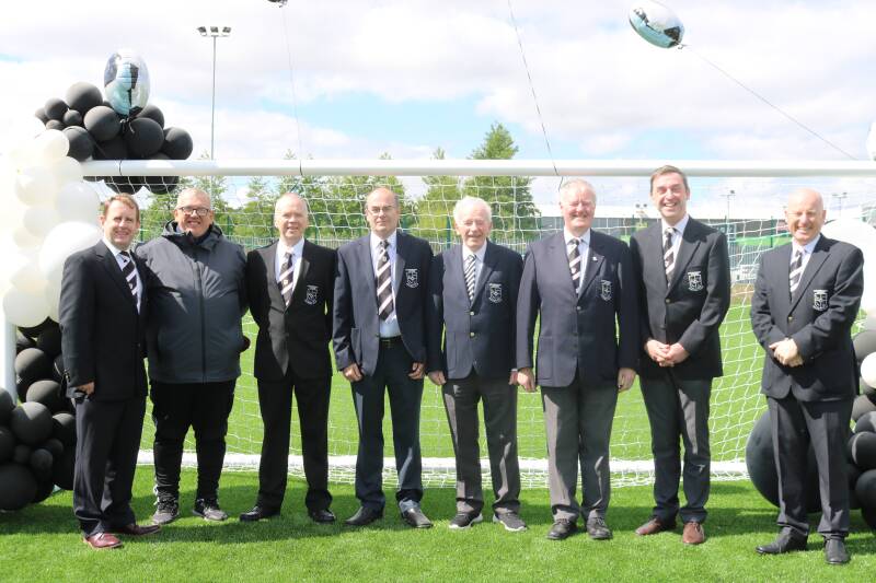 Pictured are Diarmaid Doherty, Michael Blake, Michael Duffy, Kieran McGrath, Victor Fisher, Dessie Kelly, Brian McCormick and Eric White at the Official opening of the new Astro pitch at Leckview park, the home of Letterkenny Rovers FC.