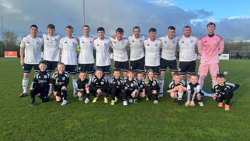 Letterkenny Rovers starting 11 against Kildrum Tigers on 16th April 2026. Letterkenny Rover won 3-0 on the night. Also pictured are Letterkenny Rovers mascots for teh match