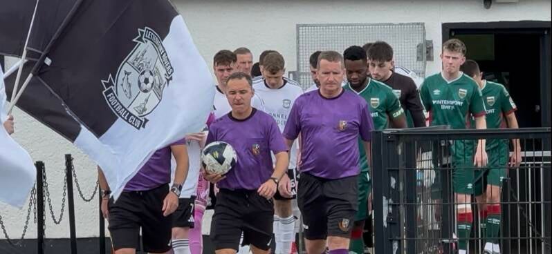 Letterkenn Rovers and Mayo FC make their way onto the pitch led by match officals  for the first home game for Letterkenny Rovers at Leckview park in the FAI National League on 5th September 2026