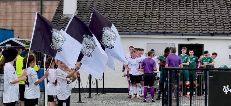 Flag bearers line the way as Letterkenn Rovers and Mayo FC get ready to end the field of play for the first home game for Letterkenny Rovers at Leckview park in the FAI National League on 5th September 2026