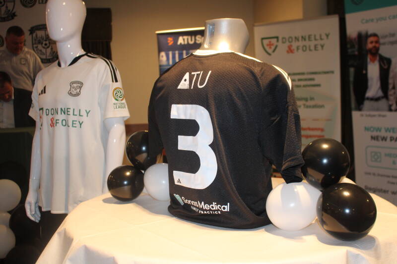 The new Letterkenny Rovers National League jerseys were revealed at the club National League launch night with partners Donnelly & Foley, ATU, and Sonas Medical