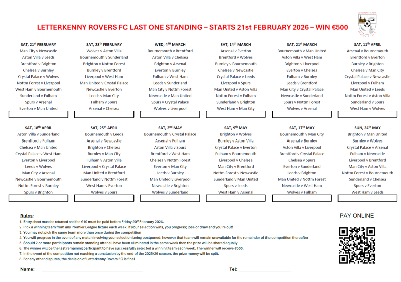 Last One Standing Entry sheet 2026